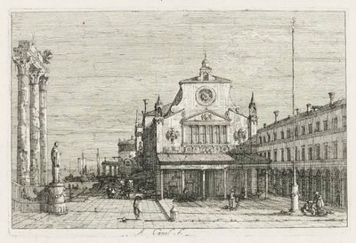 Vedute: Tre colonne e una statua sulla costa del mare, 1735-1746 da Giovanni Antonio Canal