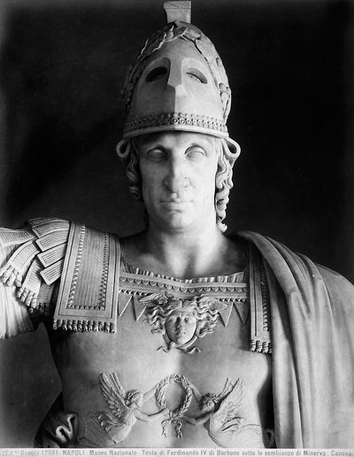 (dettaglio) della statua di Ferdinando IV di Borbone in abiti di Minerva da Antonio Canova