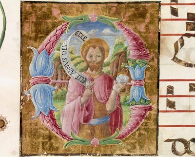 San Giovanni Battista. Lettrine illuminate da Antonio Cicognari. Dettaglio di un antifonario. 1483. Cremona, corale 4, capitolo del duomo da Antonio Cicognara
