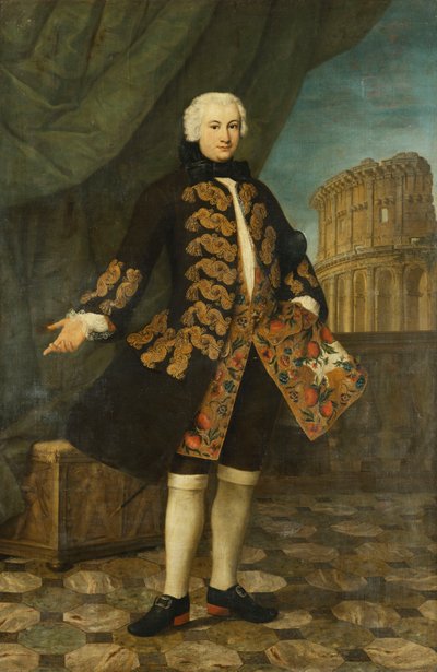 Ritratto di William Perry, di 21 Anni, in Piedi, a Figura Intera, in un Cappotto Marrone Ricamato in Oro, Accanto a una Balaustra, con il Colosseo sullo Sfondo da Antonio David