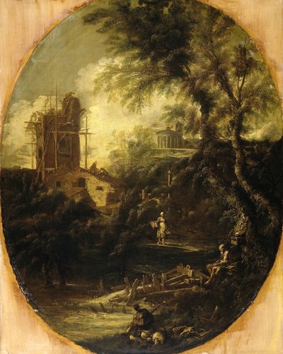 Paesaggio con Eremita, Pellegrino e Contadina da Antonio Francesco Peruzzini (attributed to)