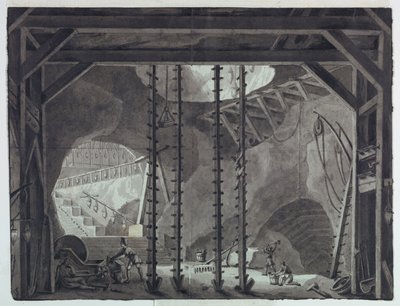 Scenografia, uomini che costruiscono un edificio in una grotta da Antonio Giuseppe Basoli