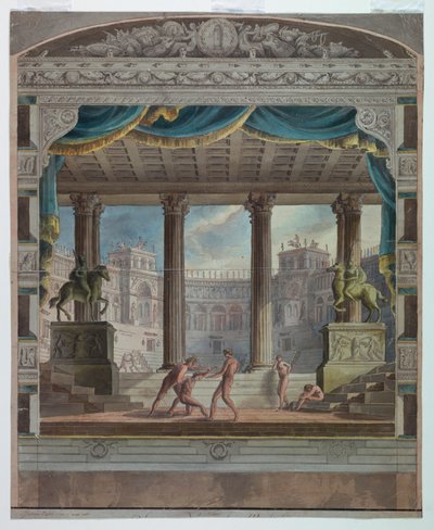 Sipario teatrale: Vista di un anfiteatro classico, Teatro Marsigli-Rossi, Bologna da Antonio Giuseppe Basoli