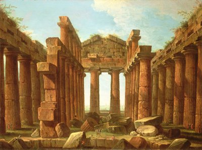 Figure che ammirano il Tempio di Nettuno a Paestum da Antonio Joli