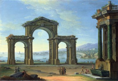 Scena portuale con arco trionfale da Antonio Joli