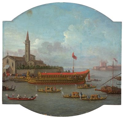 Veduta del Bucintoro ancorato davanti a San Nicolò al Lido, Venezia, per la cerimonia dello Sposalizio del Mare da Antonio Joli