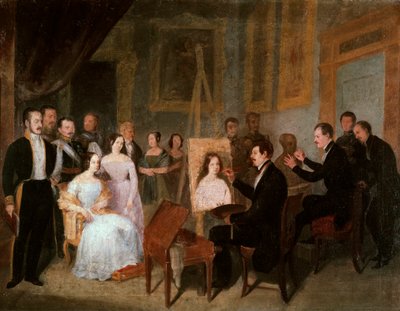 Dodge nel suo studio mentre dipinge il ritratto della Regina Isabella II di Spagna (1830-1904). Dipinto di Antonio Maria Esquivel y Suarez de Urbina (1806-1857) da Antonio María Esquivel y Suárez de Urbina