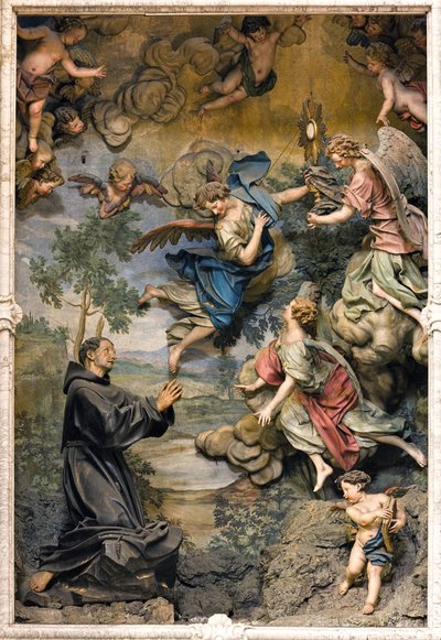 San Pasquale Baylon in adorazione (affresco su legno intagliato) da Antonio Maria Maragliano