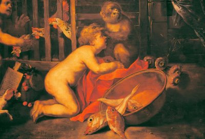 Putti, scimmia e ciotola con pesci da Antonio Maria Vassallo