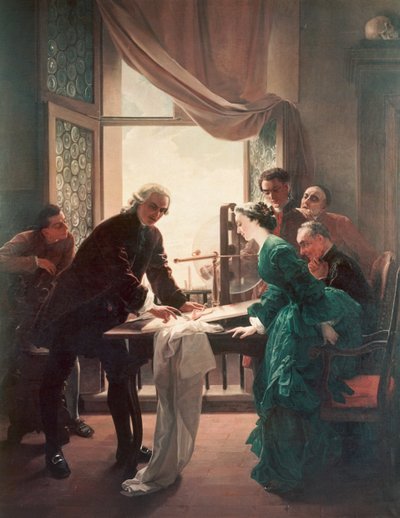 Luigi Galvani che fa esperimenti sulle rane, assistito dalla moglie Lucia Galeazzi da Antonio Muzzi
