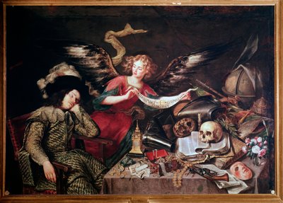 Un angelo mostra il sogno di un cavaliere dormiente, fatto di vanità e orgoglio, gioco, denaro, gioielli da Antonio Pereda y Salgado