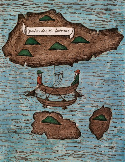 Islas de los Ladrones (oggi Isole Marianne), xilografia colorata da Relazione del primo viaggio intorno al mondo con Ferdinando Magellano da Antonio Pigafetta