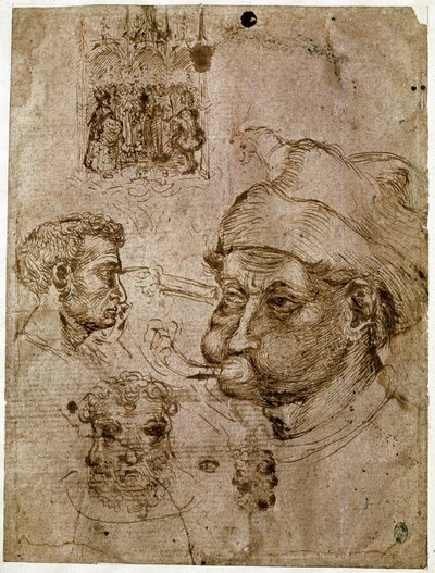 Quattro teste di uomini, due delle quali con tre facce. Un altare. Un cavallo. Disegni dalla bottega di Antonio di Puccio Pisano detto Pisanello da Antonio Pisanello