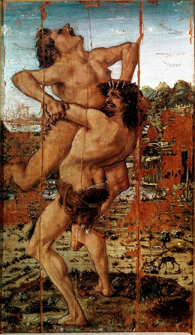 Le dodici fatiche di Ercole: Eracle solleva il gigante Anteo. Dipinto di Antonio Benci detto Il Pollaiolo da Antonio Pollaiuolo