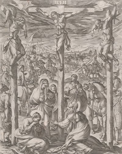 Cristo crocifisso tra i due ladroni, le tre Marie ai piedi della croce da Antonio Tempesta