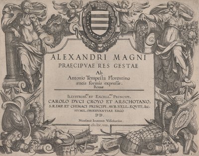 Frontespizio alla vita di Alessandro Magno, a sinistra è Bellona e a destra una figura femminile ..., 1608 da Antonio Tempesta