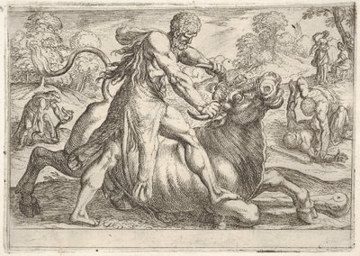 Ercole e Acheloo: al centro Ercole afferra le corna di un toro mentre preme il suo ri..., 1608 da Antonio Tempesta