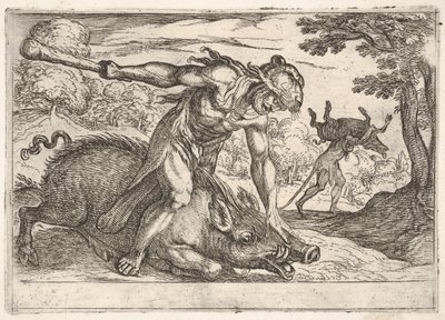 Ercole e il cinghiale di Erimanto: Ercole tiene giù il muso del cinghiale con la mano sinistra, 1608 da Antonio Tempesta
