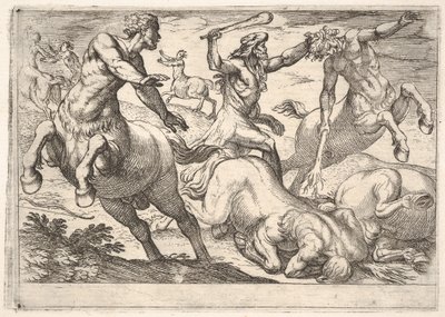 Ercole e i centauri: Ercole tiene la testa di un centauro con la mano sinistra e solleva la clava da Antonio Tempesta