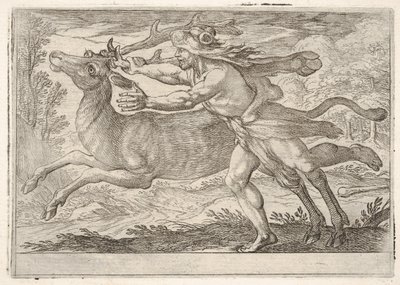 Ercole e la cerva di Monte Cerynea: Ercole cammina accanto alla cerva e la afferra..., 1608 da Antonio Tempesta