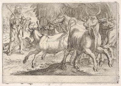 Ercole e i Buoi di Gerione: con una clava sollevata dalla mano destra, Ercole affronta da Antonio Tempesta