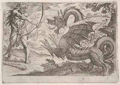 Ercole e il serpente Ladone: Ercole tende il suo arco, appare il serpente raring da Antonio Tempesta