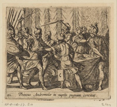 Fineo interrompe il matrimonio di Perseo e Andromeda (Phineus Andromedae in nuptijs pugnam concitat, Metamorfosi di Ovidio) da Antonio Tempesta