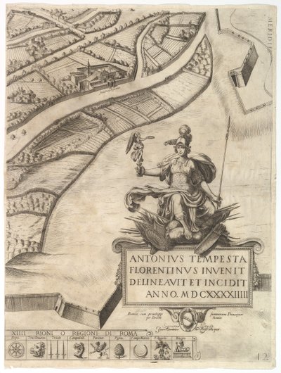 Piano della città di Roma. Parte 12 con il confine sud-occidentale della città e una grande car..., 1645 da Antonio Tempesta