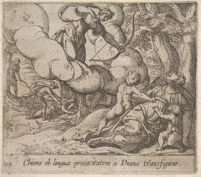 Diana che mira il suo arco verso Chione, accompagnata da due bambini da Antonio Tempesta