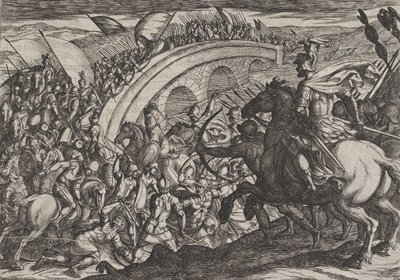 Tavola 11: Le truppe di Civilis attraversano il fiume Mosa, dalla guerra dei Romani contro i ..., 1611 da Antonio Tempesta