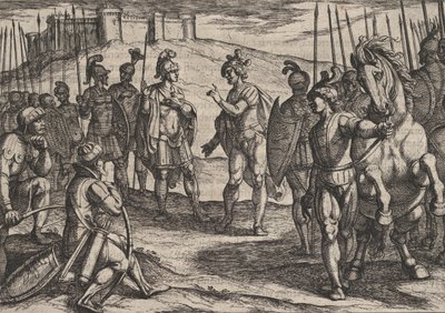 Tavola 15: Civilis tratta con un comandante romano, da La guerra dei Romani contro i Batavi da Antonio Tempesta