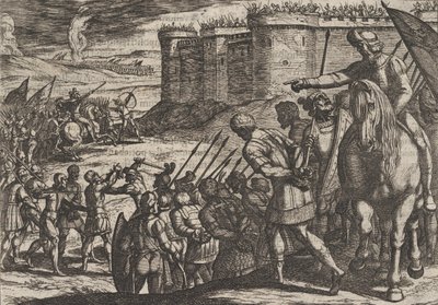 Tavola 16: Prigionieri Romani Davanti alla Vecchia Fortezza, da La Guerra dei Romani Contro i B..., 1611 da Antonio Tempesta