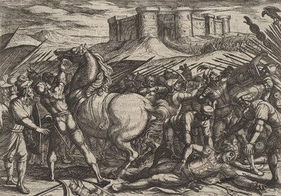Tavola 17: I Romani ingannati dal cavallo di Civilis a credere che fosse morto o ferito, da... da Antonio Tempesta