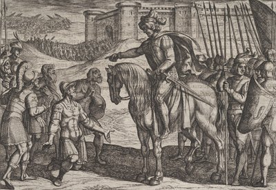 Piatto 19: Uomini dalla fortezza si arrendono e giurano la loro vita a Civilis, dalla Guerra da Antonio Tempesta