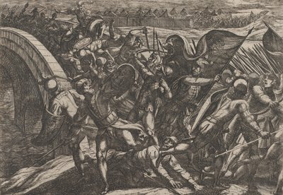 Tavola 27: Gli olandesi durante un attacco a sorpresa del campo romano sulla Mosella, da The Wa..., 1611 da Antonio Tempesta