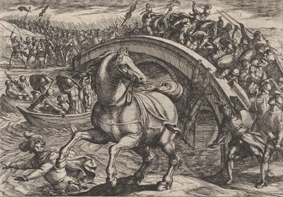 Tavola 31: Civilis costretto a smontare e nuotare attraverso il fiume, dalla Guerra dei Romani da Antonio Tempesta