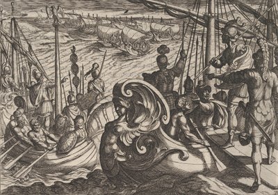Tavola 33: Flottiglie olandesi e romane sul Reno, da La guerra dei Romani contro i B... da Antonio Tempesta