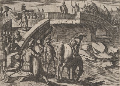 Tavola 36: Civilis e Cerialis si incontrano su un ponte rotto per raggiungere un accordo, da La guerra di... da Antonio Tempesta