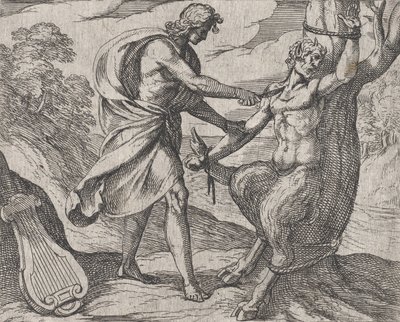 Apollo uccide Marsia, Marsia sconfitto da Apollo viene scorticato, da Ovidio da Antonio Tempesta