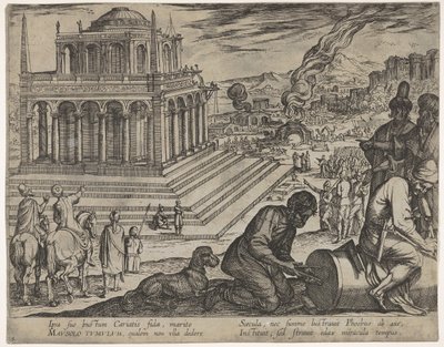 Tavola 5: Tomba di Mausolo, scalpellini fanno una colonna a destra, da Le Sette Meraviglie..., 1608 da Antonio Tempesta