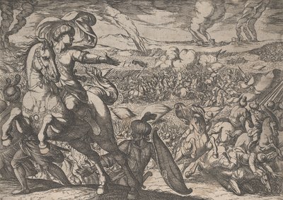 Tavola 6: Dario fugge dal campo di battaglia, da Le gesta di Alessandro Magno da Antonio Tempesta