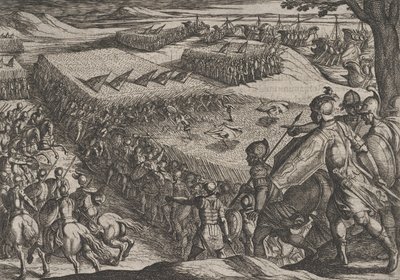 Tavola 6: I Romani sconfitti vicino al Reno, da La guerra dei Romani contro i Batavi..., 1611 da Antonio Tempesta