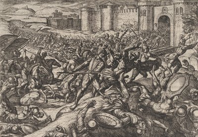 Tavola 9: I Romani sconfitti dalle truppe olandesi a Bonna, dalla Guerra dei Romani contro..., 1611 da Antonio Tempesta