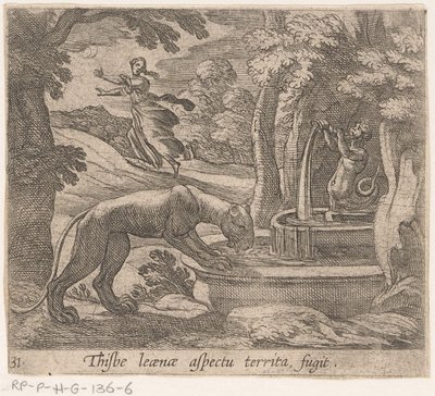 Thisbe fugge dal leone alla fonte da Antonio Tempesta