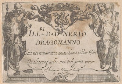 Frontespizio con cartiglio con dedica, fiancheggiato da Minerva e Fama (Scene di caccia) da Antonio Tempesta