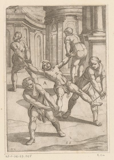 Quattro uomini tirano le membra di un santo da Antonio Tempesta