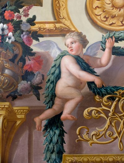 (dettaglio) di un murale, che mostra un cherubino che tiene una corona di alloro e una ghirlanda, The Banqueting House da Antonio Verrio