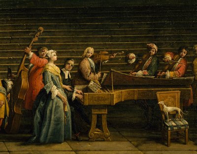 Concerto alla Villa, di Antonio Visentini, pianoforte e violino, olio su tela, 207x320, Italia da Antonio Visentini
