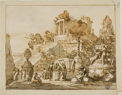 Paesaggio classico con tempio in rovina sulla collina, figure femminili in basso da Antonio Zucchi