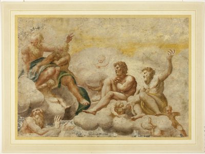 San Pietro e altri apostoli seduti, con San Giovanni Evangelista sotto da Antonio da Correggio